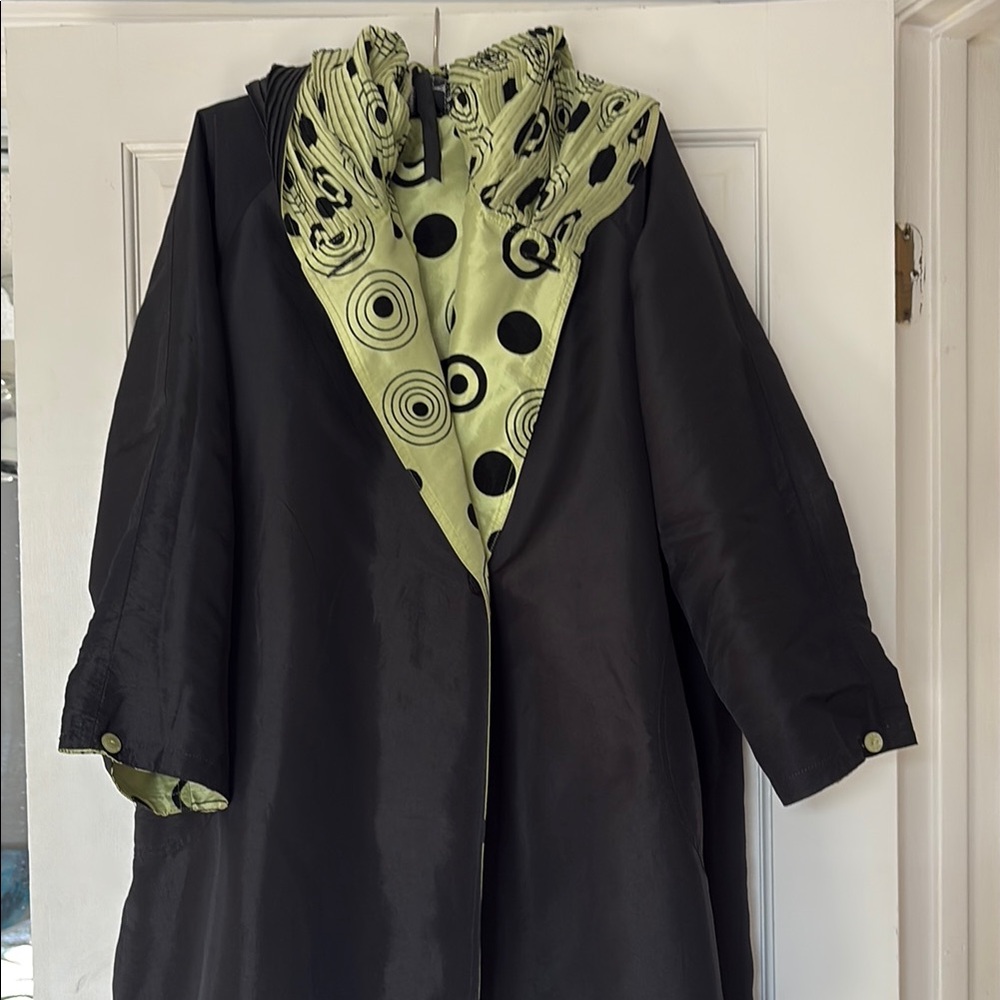 Reversible Black Coat with Green Patterned Lining